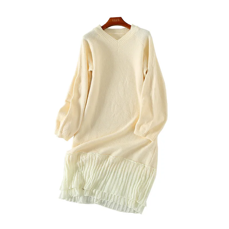 

A Generation of Solid Color V-neck Fairy Sweater Dress Autumn And Winter Mid-length Laziness-Style over-the-Knee Jersey Dress En
