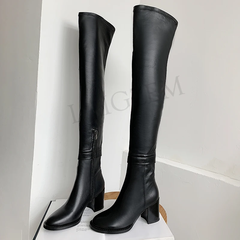 LAIGZEM/высокие сапоги до бедра сапоги из натуральной кожи на массивном каблуке 3 см/8 см с боковой молнией зимняя обувь женская обувь размер 33, 39, 40