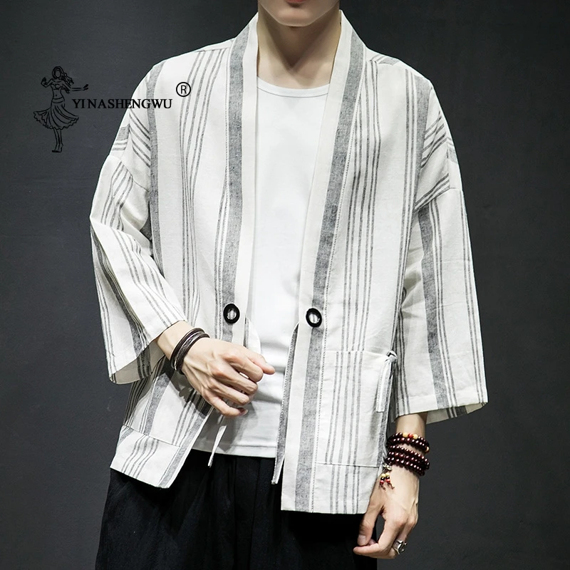 

Kimono Cardigan Men Japanese Kimono Traditional Yukata Fashion Cotton Kimono Casual Shirt Jacket Linen Fabric Coat Asian Clothes