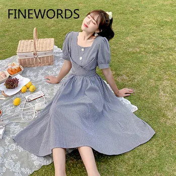 

FINEWORDS Loose Vintage Black And White Plaid Dress Summer Square Collar Korean Dress Short Sleeve Casual Janpan Harajuku Dress