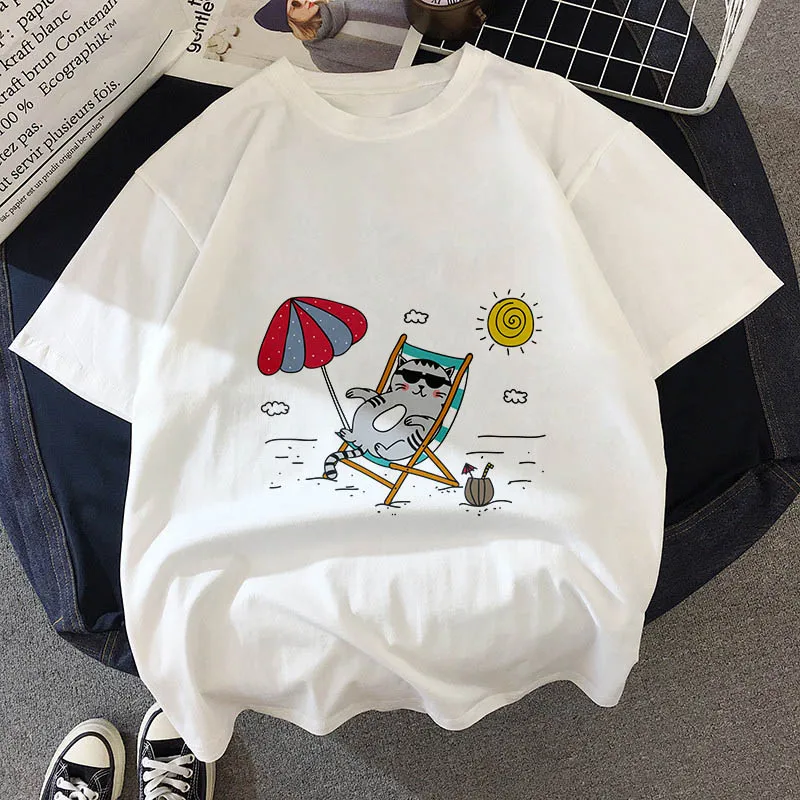 Kawaii, футболка с толстым котом, женская, новинка, летняя, милая, модная, короткий рукав, футболка, белая, тонкая, с секциями, хипстер, футболка, Топы, одежда