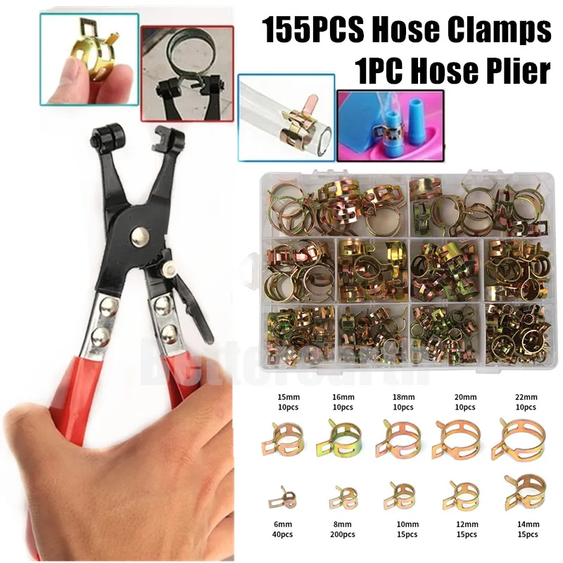 

155 PCS Zinc Plated 6-22mm Spring Hose Clamps + 1PC Straight Throat Tube Clamp for Band Clamp Metal Fastener Assortment Kit