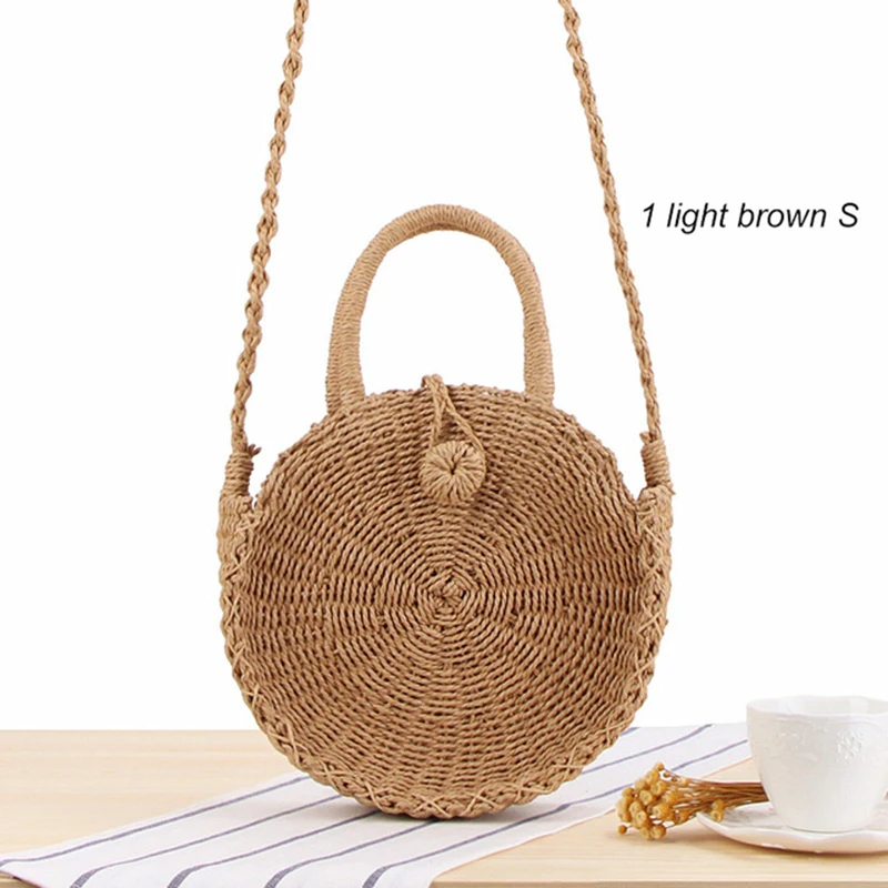 BD8421light brown S Ручная работа, плетёная ротанговая круглая женская сумка, Соломенная пляжная сумка, женская сумка, одноцветная сумка, сумка-мессенджер на плечо, Новая мода - Цвет: BD8421light brown S