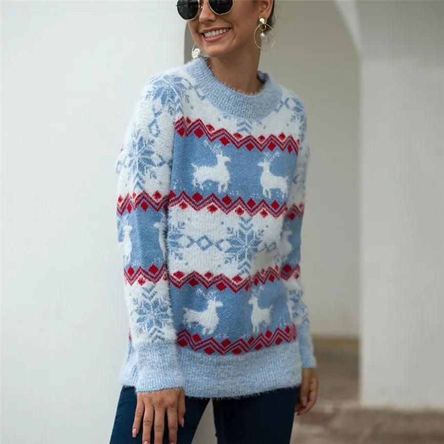 Женский свитер, плюс размер, Рождественская одежда для семьи, Женский Рождественский свитер, длинный рукав, круглый вырез, Рождественский вязаный пуловер, топы