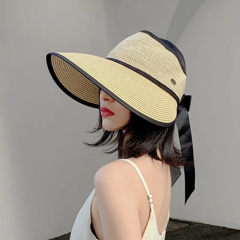 Summer Adjustable Ribbon Empty Top Straw Hats For Women Foldable Wide Large Brim Beach Hat Chapeau Femmeuv Protection Cap