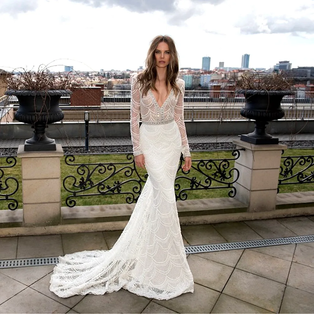 V образным вырезом белое свадебное платье с низким на спине 2020 vestido de noiva Роскошная
