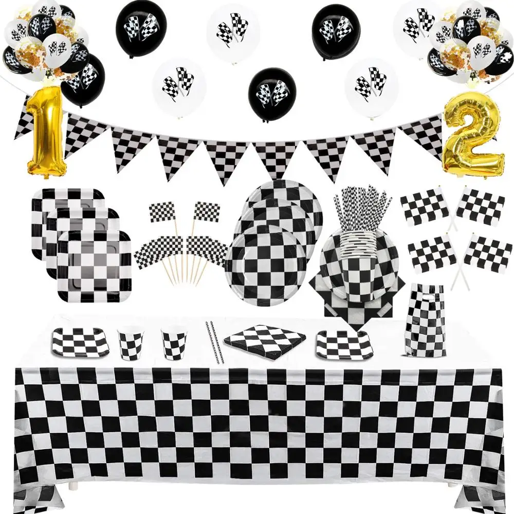 

Race Car Birthday Party Supplies Black White Checkered Party Decorations Including Banner Pennant Balloons Tablecloth Gift Bags