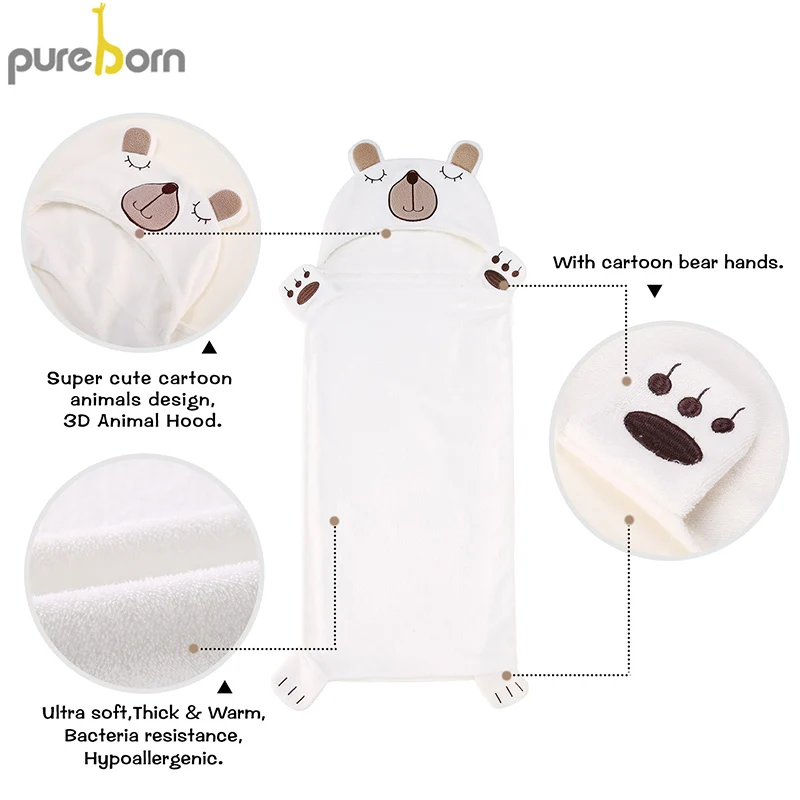 pureborn Newborn Baby Bath Towel Cartoon Animal Hooded Unisex Baby Towel Blanket for Boys Girls Baby Stuff