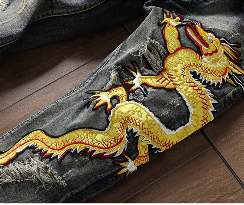 Модные мужские рваные джинсы брюки золотые Drogan вышивка потертые джинсовые брюки для мужчин Slim Fit прямые потертые