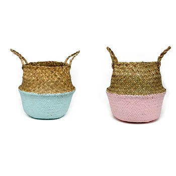 

2 Pcs Rattan Basket Straw Basket Garden Foldable Flower Pot Basket Rattan Flower Vase-Pink & Blue