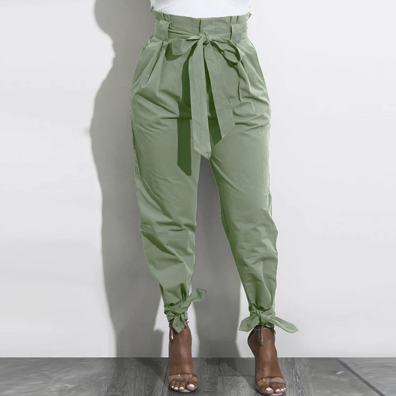 High Waist Harem Pants Women Spring Stringy Selvedge Belted Casual Solid Long Pants For Office Female Trousers Streetwear