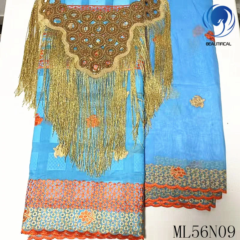 

BEAUTIFICAL Nigerian lace fabrics Top sale blue cotton lace fabric 7yards embroidery voile lace fabric and 1 collars ML56R09
