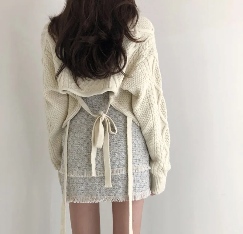 

Korean Chic Wild Autumn Vintage Bandage V Neck Back Lace Up Loose Khaki Sweaters Pullovers Knitted Tops Casual