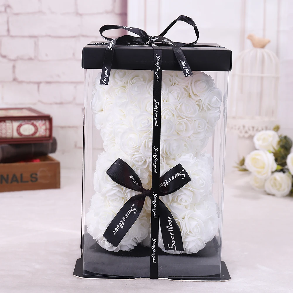 white set 25*16 см Diy Мишка Тедди роза с коробкой Искусственные из ПЭ цветок медведь Роза День святого Валентина для девушки женщины жены Рождественский подарок - Цвет: white set