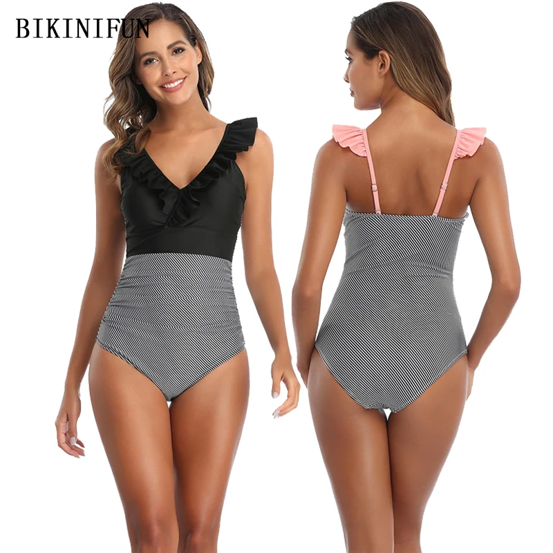 

2020 New Striped Patchwork Monokini Women V Neck Swimsuit Plus Size Beachwear S-2XL Girl Ruffled Strap Swimwear One Piece Suit
