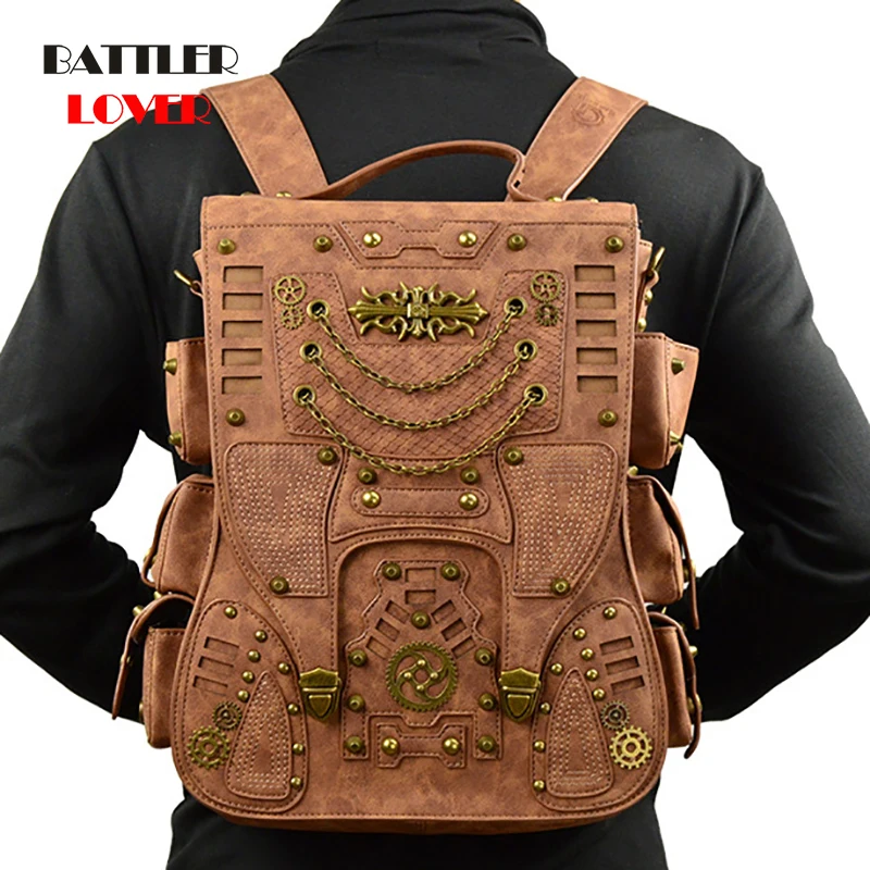 Steampunk Backpack for Women Men Gothic Bags High Quality PU Leather 2019 New Fashion Punk Vintage Retro Rock Bags Motorcycle