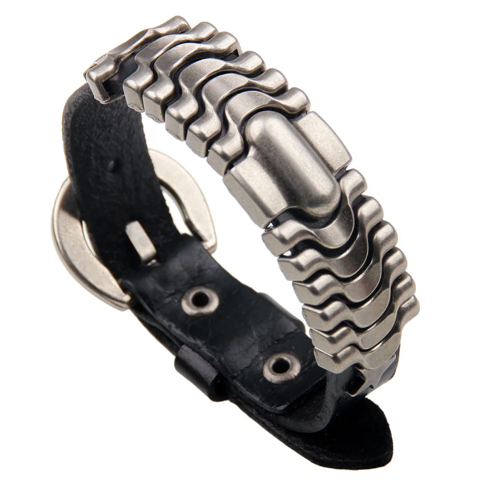 Хип-хоп панк кожаный браслет для мужчин, браслеты из натуральной кожи с пряжкой на ремне, мужской браслет на запястье, ювелирное изделие - Окраска металла: Black
