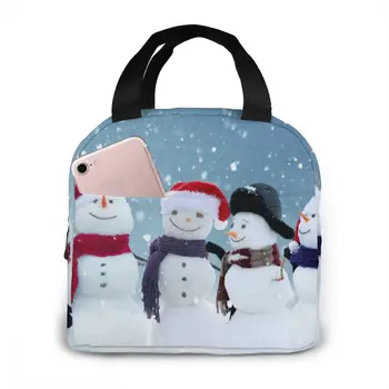 

Snowmen Standing In Winter Christmas Landscape Cooler Bag Portable Zipper Thermal Lunch Bag Convenient Lunch Box Tote Food Bag