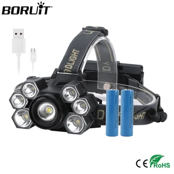 

BORUiT 3*T6+4*XPE LED Headlamp 5-Mode Zoom Powerful Headlight Rechargeable 18650 Waterproof Head Torch for Camping Hunting