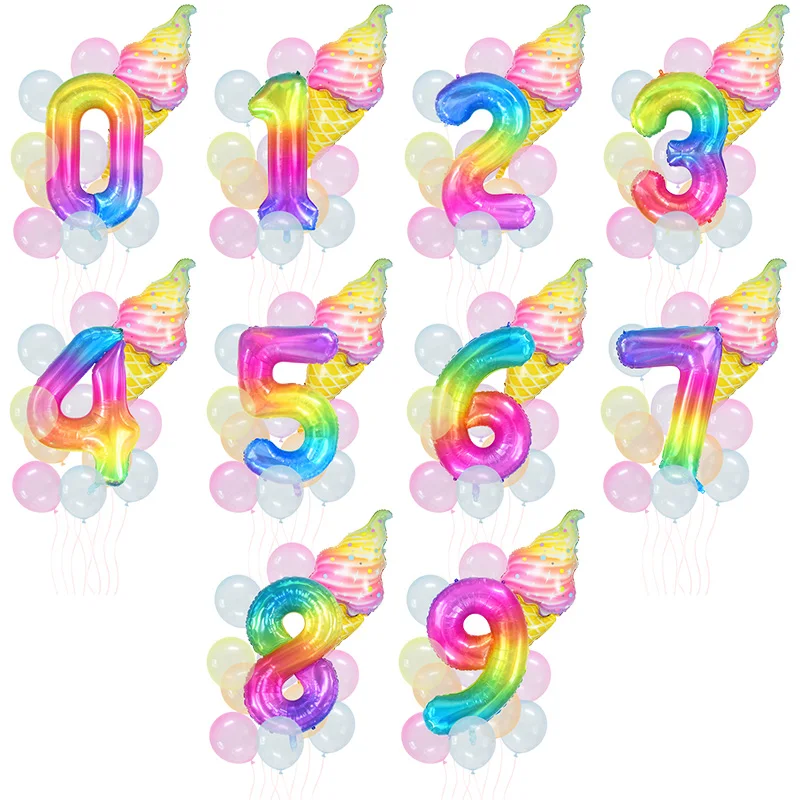 12Pcs/set Ice Cream Foil Balloon Crystal Pastel Rainbow Number Baloon Birthday Party Decorations Kid Toys | Дом и сад