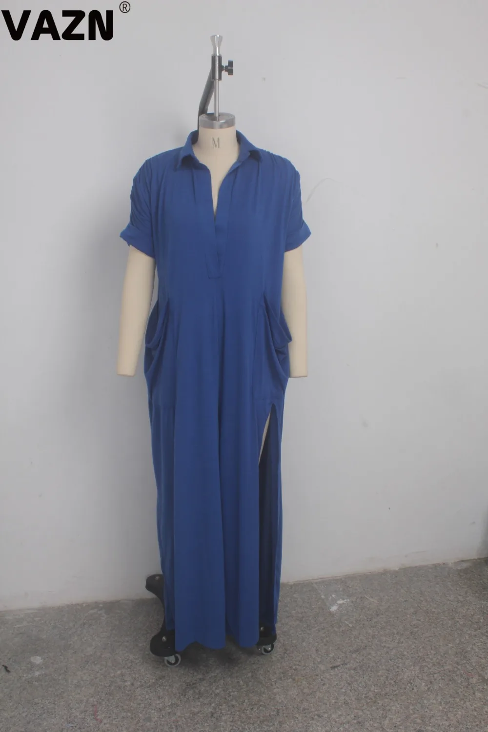 VAZN SMR9399 Blue Sexy Beach Popular Style Jumpsuits V-Neck Loose Wide Leg Pants Bandage Lady Maxi Solid Chiffon Romper