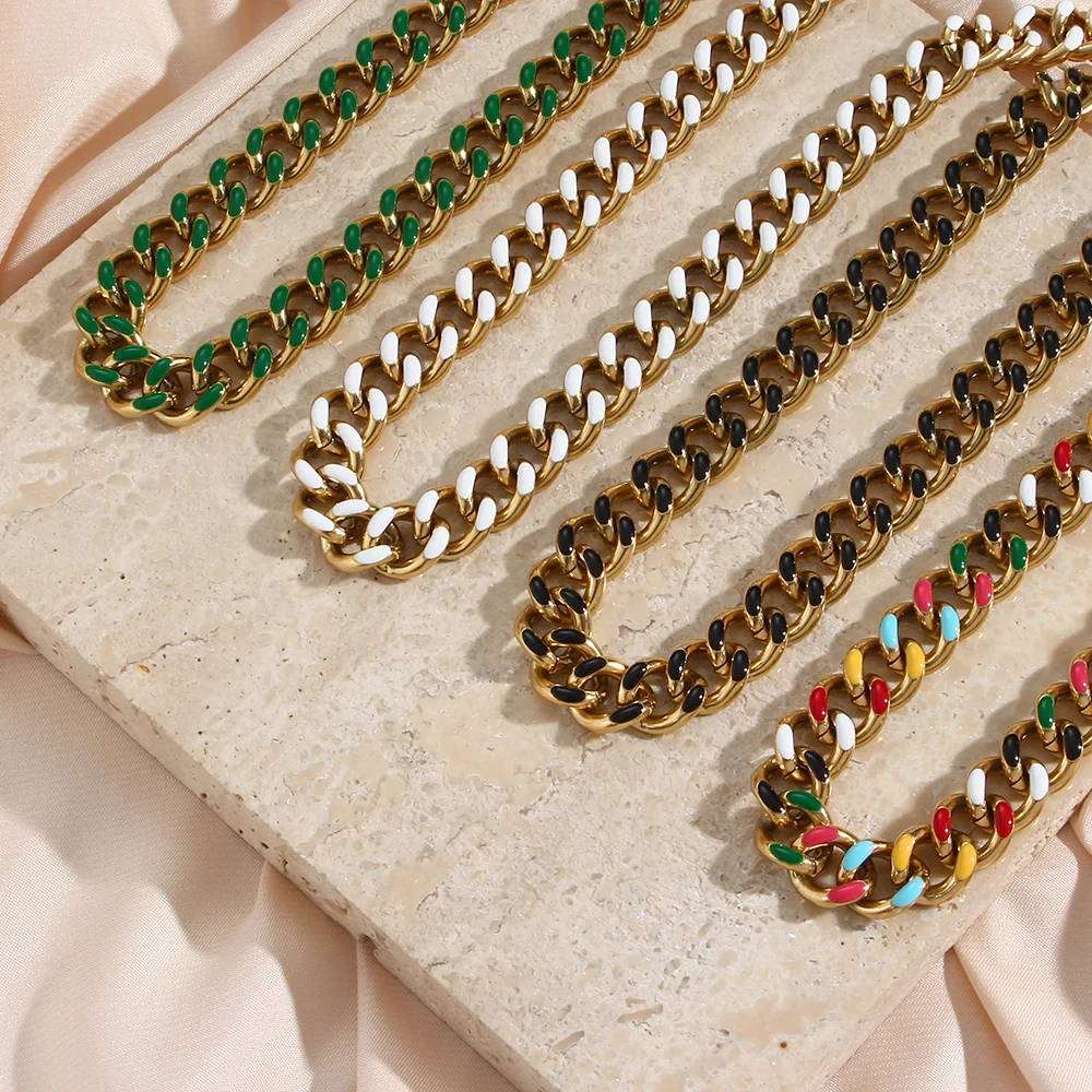 Colorful Cuban Link Chain Enamel Necklace Bracelet Set Hip Hop