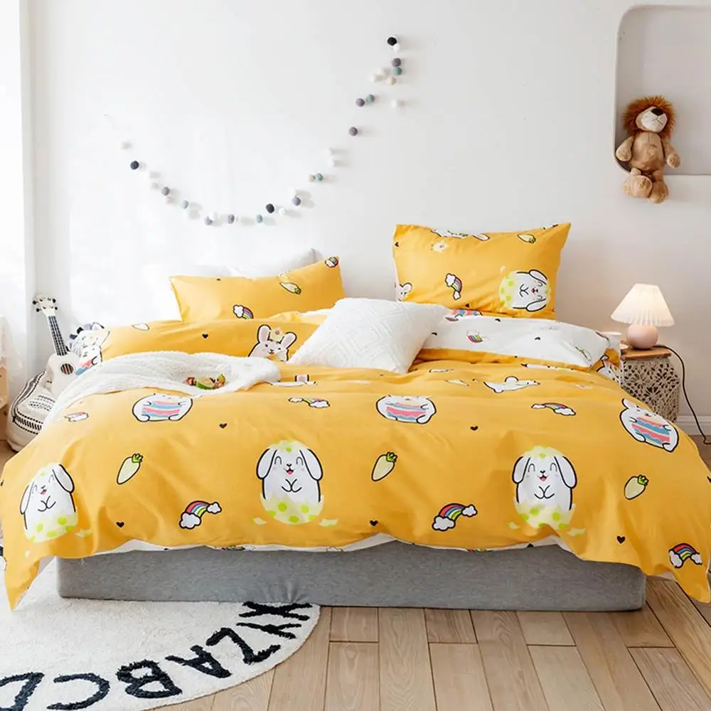 

Bunny Carrot Rainbow Yellow Cartoon Duvet Cover Set Flat Fitted Sheet Cotton Bedlinens Soft Warm Twin Queen Size Bedding Set