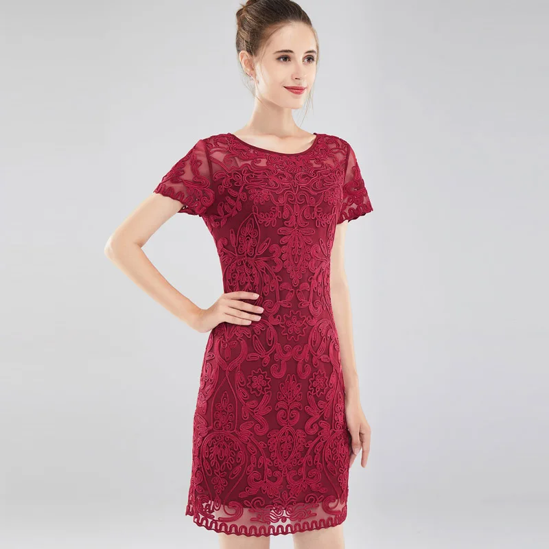 4XL Платье Vestidos De Festa сезон: весна–лето невесты Вечерние Для женщин с О-образным вырезом повторяющийся изысканной вышивкой короткий рукав платье розового цвета - Цвет: red