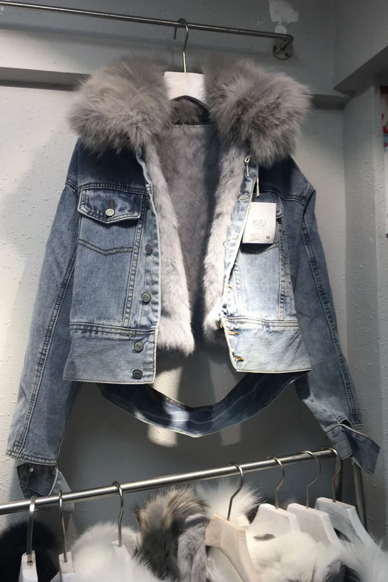 DEAT new winter fur collar single breasted light blue denim jacket thickness warm waist coat bike wearing WJ98905L