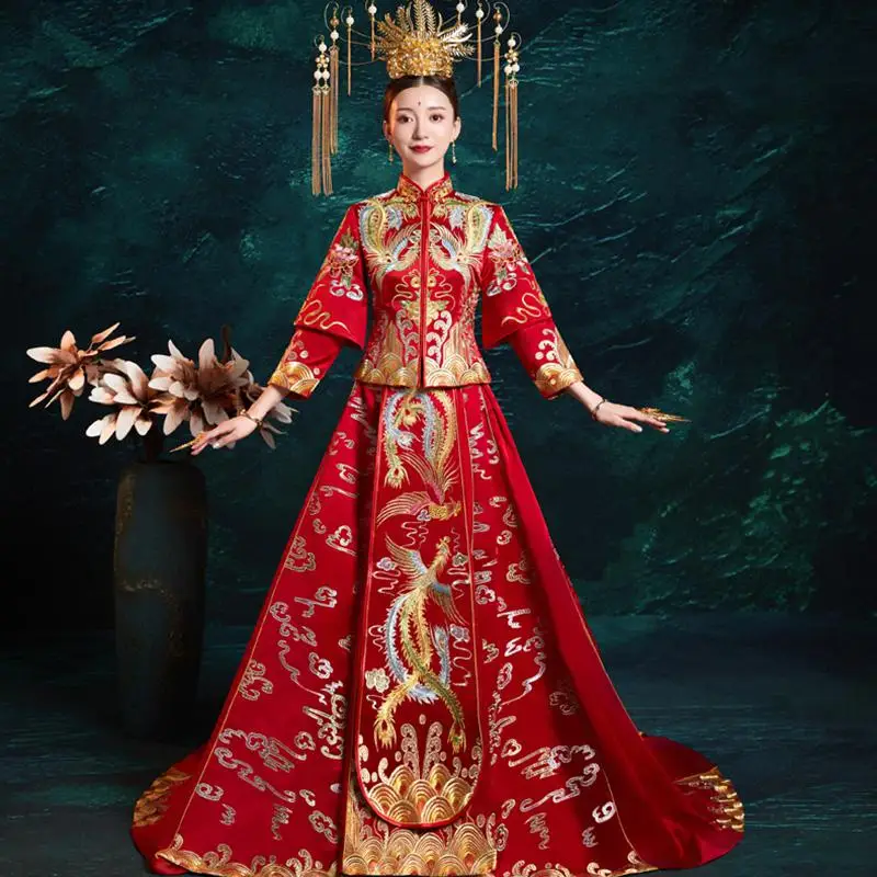 Для женщин Винтаж Длина пола Cheongsam вышивка Китайская традиционная невеста свадебное платье Дракон Феникс ханфу одежда - Цвет: Women 2