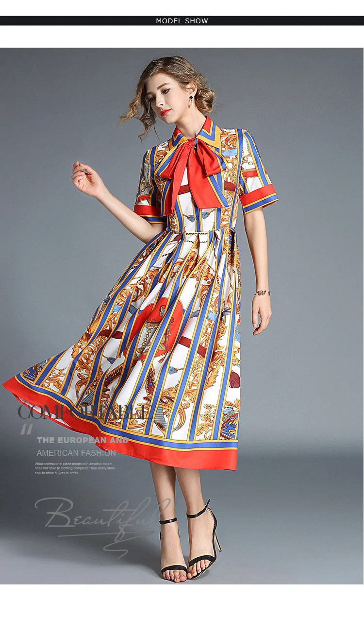 WDJUGZ High Quality New Autumn Newest Runway Designer Dress Women's Short Sleeve Shirt Collar Floral Printed Bow Midi Dress