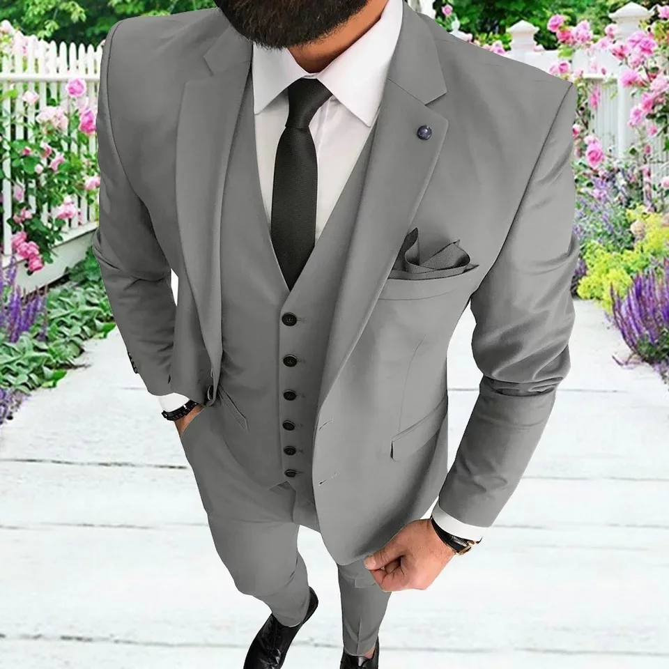 Grey Costume Homme Tailor Made Two Button Notched Lapel Groom Tuxedos Business Formal 3 Pieces Blazer Vest Pants Terno Masculino