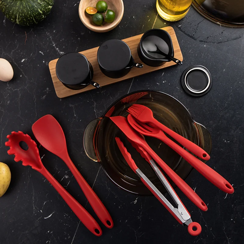 US $23.81 10pcs Silicon Spatula Kitchen Tools Set Utensils High Temperature Resistant Red Scraper Oil Brush Food Clip Cooking Scoop