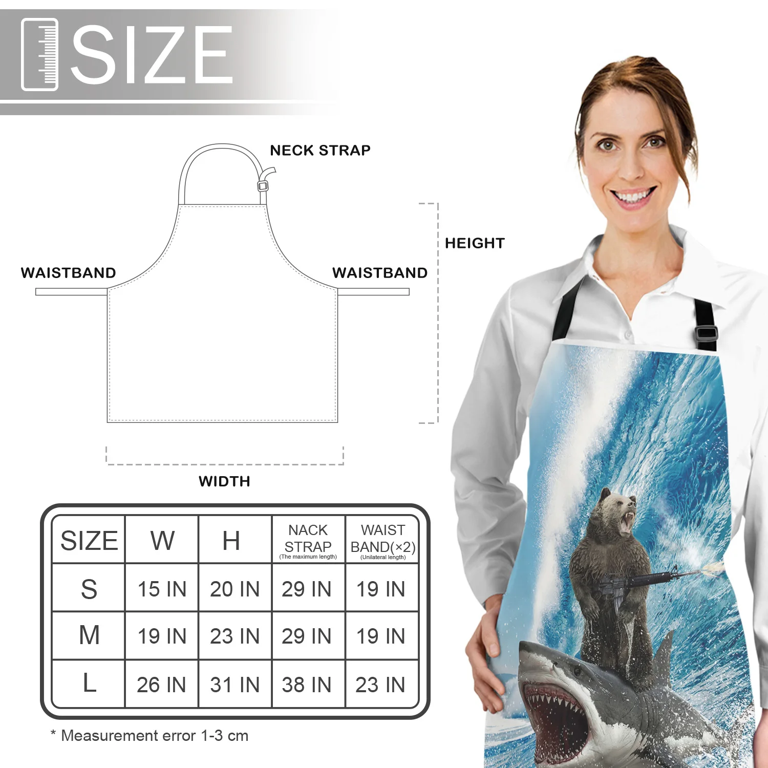 Kitchen Apron Funny Bear Shark Machine Gun Wave Adjustable Bib Canvas Aprons For Women Cooking Baking Restaurant Apron Pinafore
