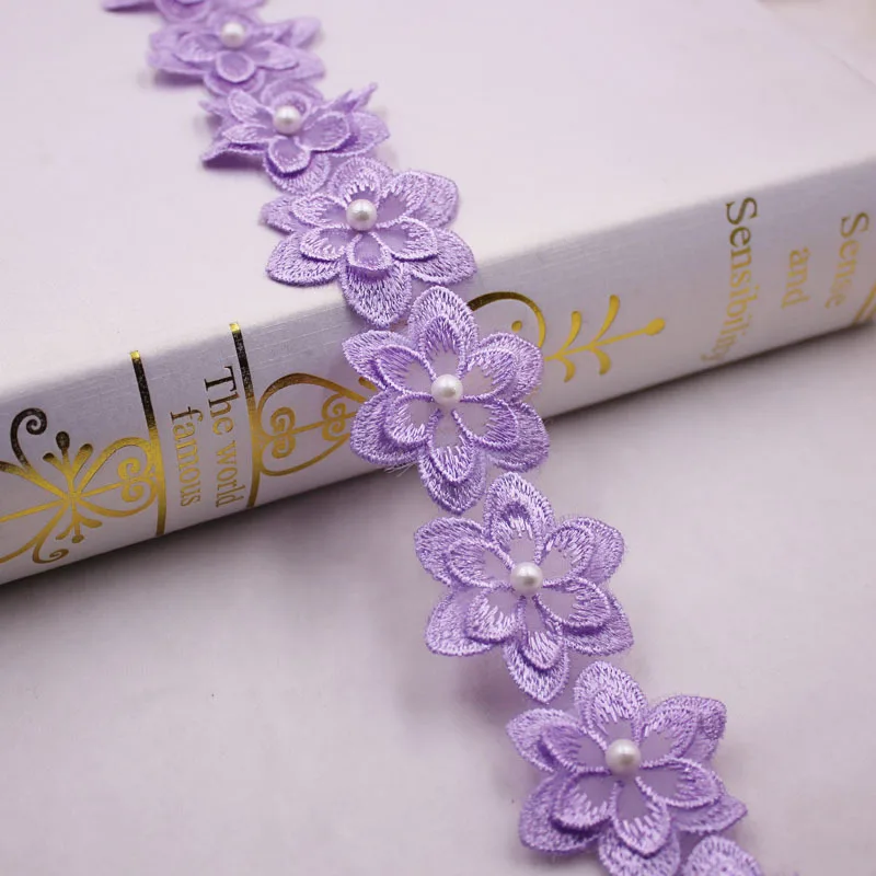 1Yards Flower Pearl Beaded Embroidered Lace Ribbon Trim African Lace Fabric Handmade Dress Sewing Supplies