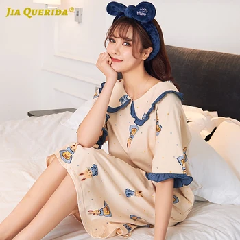 

100% Cotton Womens Nightgown Sleepwear Short Sleeping Dress Kawaii Korean Loose Size Lingerie Sleep Wear Lovely Sleep Dress New
