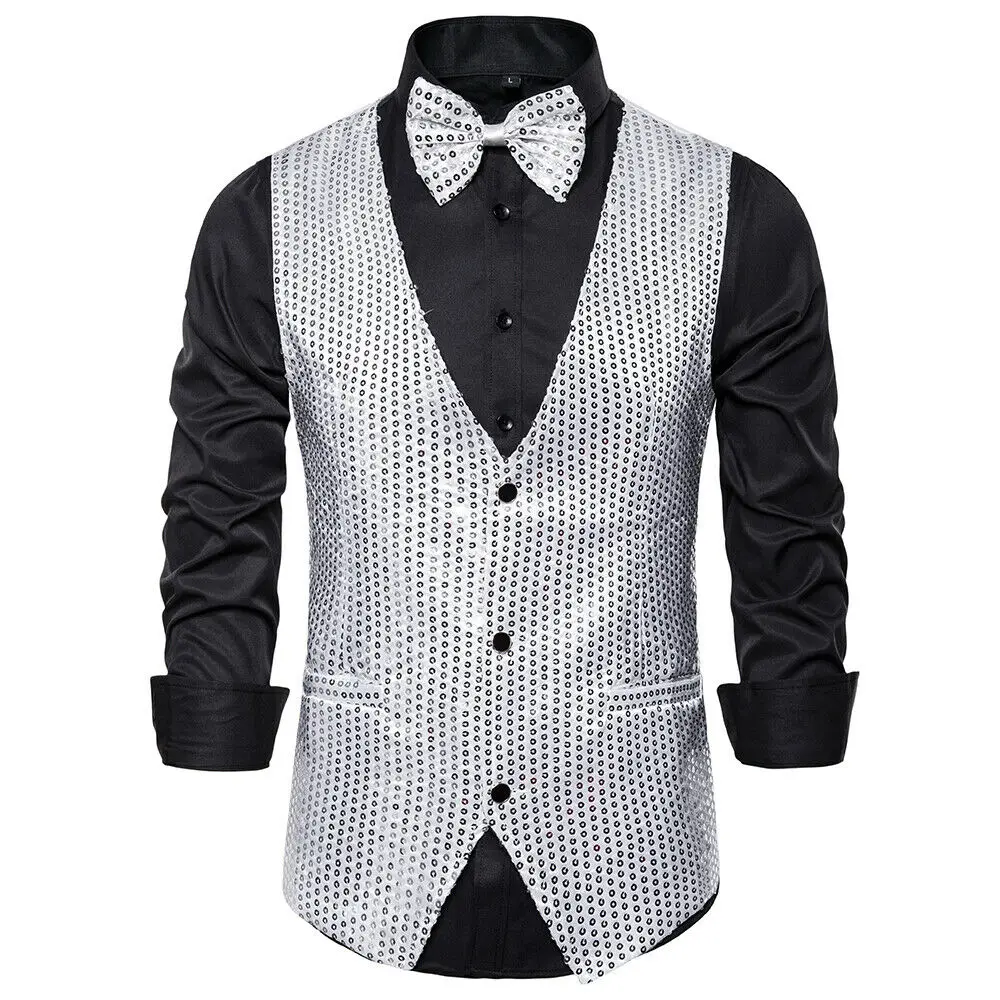 6 Styles Men Wedding Stage Show Gold Shiny Sequins Bow Vest Waistcoat Blue Black Silver Suit Vest Gilet Homme Classic Vests 2Pcs 2