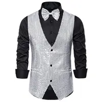 6 Styles Men Wedding Stage Show Gold Shiny Sequins Bow Vest Waistcoat Blue Black Silver Suit Vest Gilet Homme Classic Vests 2Pcs 2