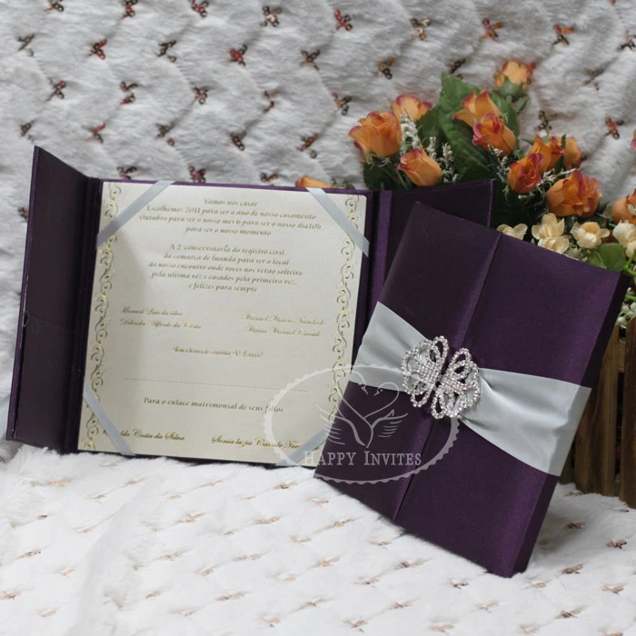 HI2003-104 Custom Dark Purple Silk Folder Wedding Invitation with Gold Foiling Printing Made in China More Colors Available Factory Price