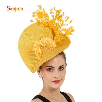

Yellow Straw Hyperbole Party Hats for Women Feathers Gorgeous Bridal Hats Wedding Headwear sombrero mujer boda H379