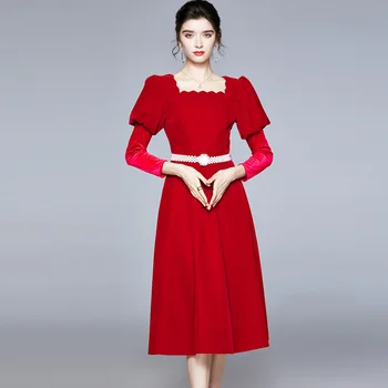 

Autumn and Winter Fashion Retro Style Waist Big Swing Puff Sleeve Velvet Dress Red Knee-Length Dresses for Women Party Cheongsam