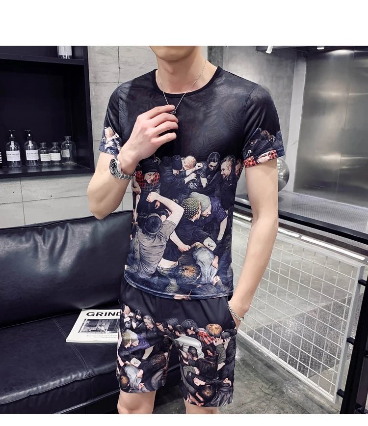 Повседневная футболка+ шорты tweddelige mannen Sportkleding Set mannen Комплект футболок с принтом Persoonlijkheid Mannen's футболка Kleding