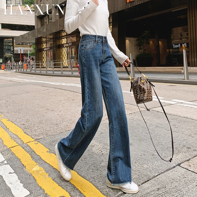 Free Shipping 2021 High Quality Long Pants For Women High Waist Trousers Spring Denim Wide Leg Jeans Size 25-31 Embroidery