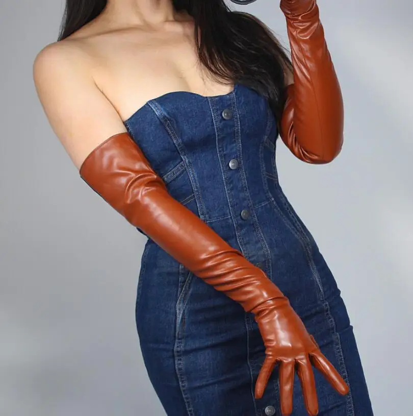 Women's fashion sexy slim faux pu leather glove lady's club performance formal party leather long brown glove 40cm R2046