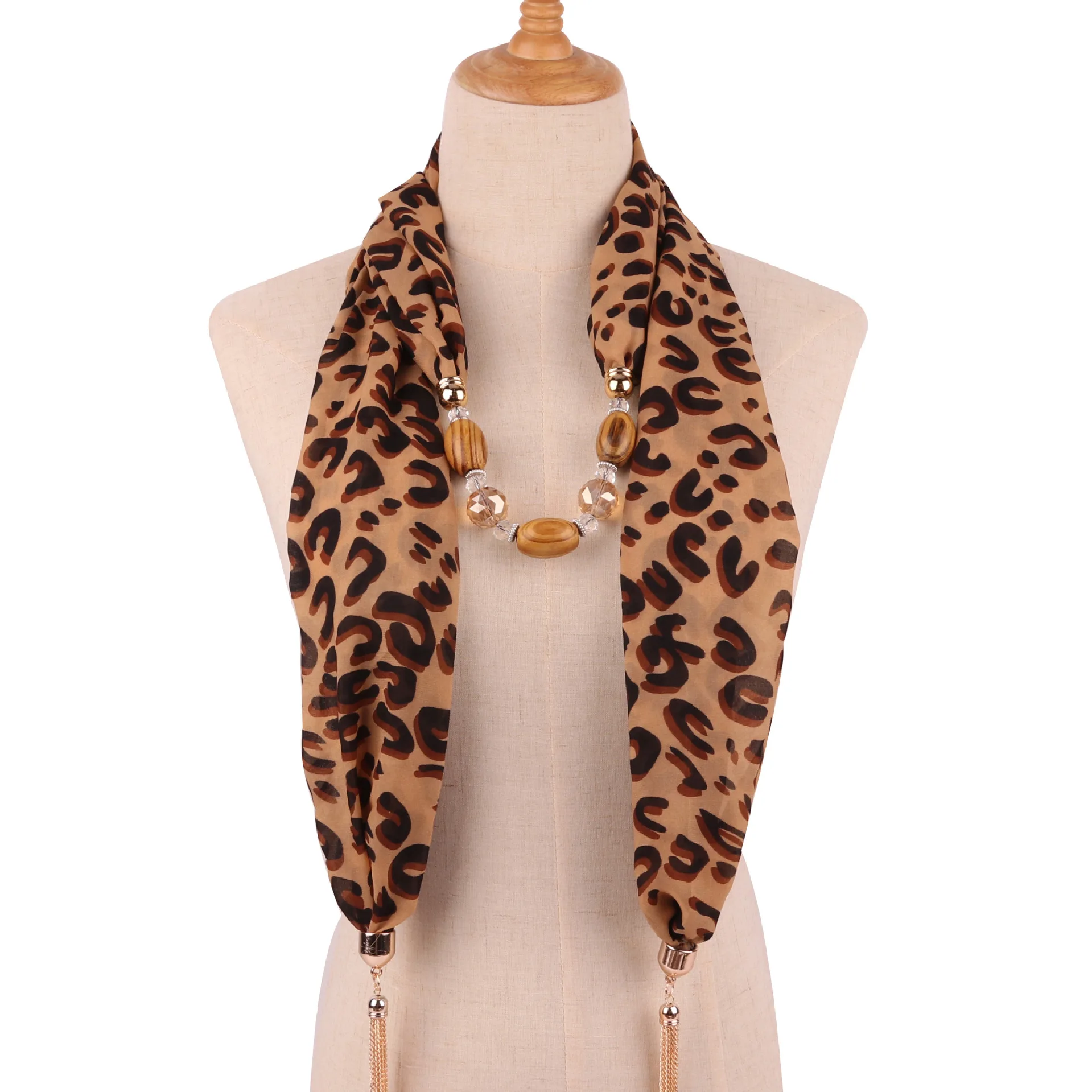 M leopard Fashion Women Tassel Necklace Chiffon Scarf Wrap Fringed Beads Chain Bid Sexy Female Leopard Snake Skin Print Exaggerated Collar - Цвет: M leopard