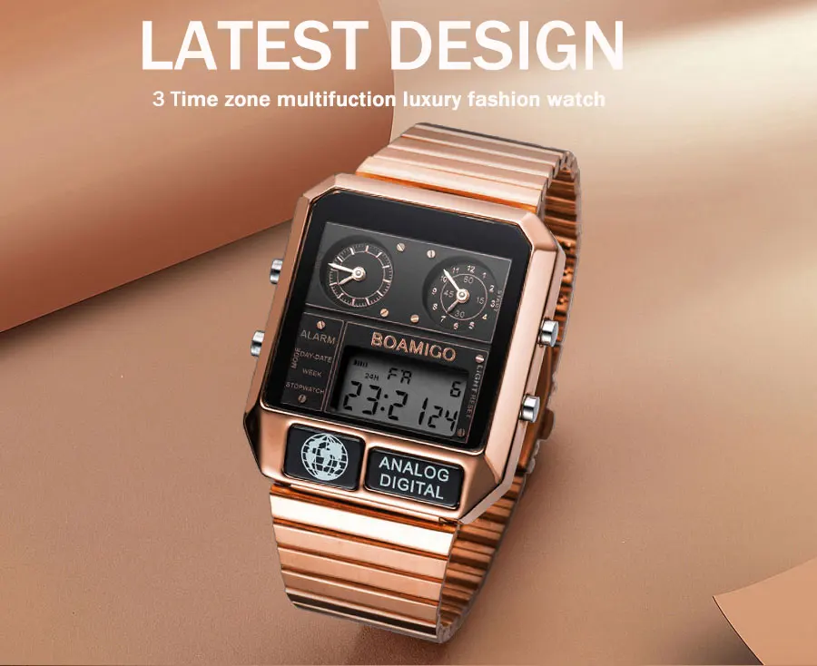 2020 new BOAMIGO brand men 3 time zone watch man sport digital watches stainless steel military quartz watch relogio masculino