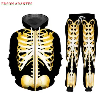 

Custom S-7XL Skeleton Zipper Hoodie Jackets+Pants 2pcs Men's Sets Gothic 3D Gold Skull Print Unisex Sweatshirt Pants Sportsuit