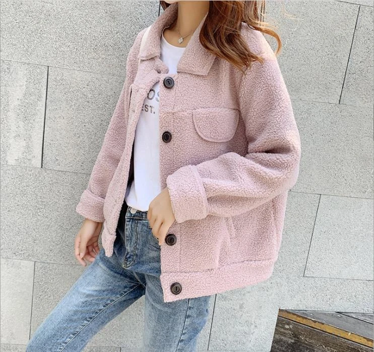 pink colour Женское короткое пальто из овечьего меха, Осень-зима, новая куртка из овечьего меха, Женская свободная повседневная меховая верхняя одежда, casaco feminino - Цвет: pink colour