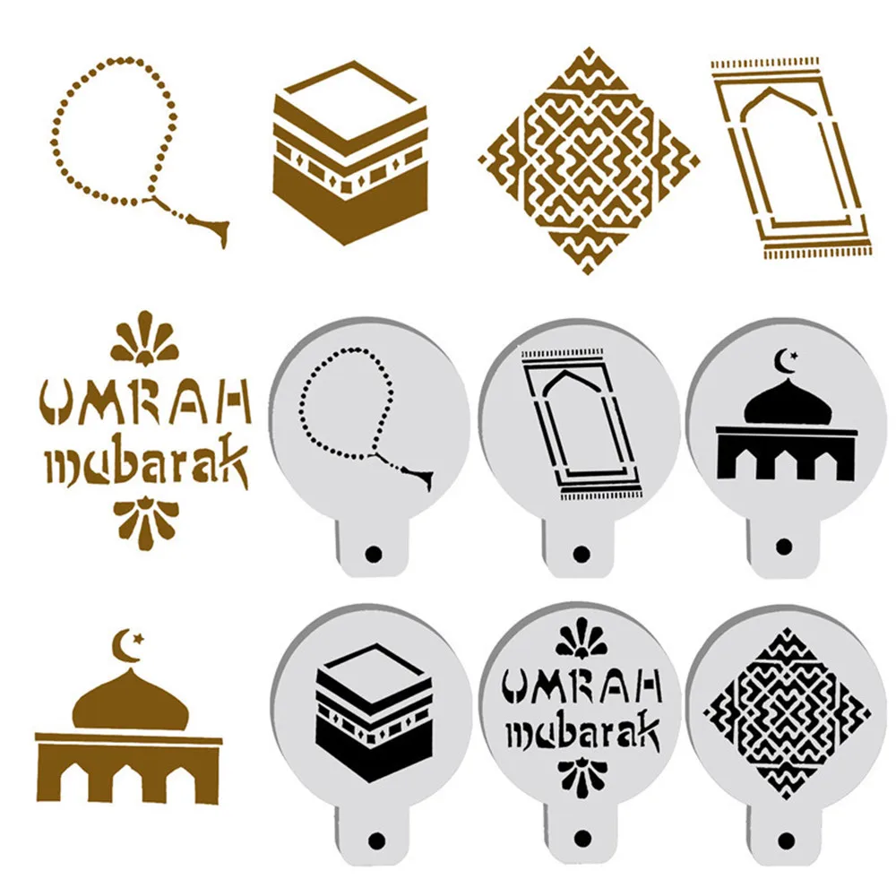 6pcs/set PET Mosque Eid Mubarak Ramadan Design Coffee Stencils laser cut cookie Biscuits fondant cake mold supplies | Дом и сад