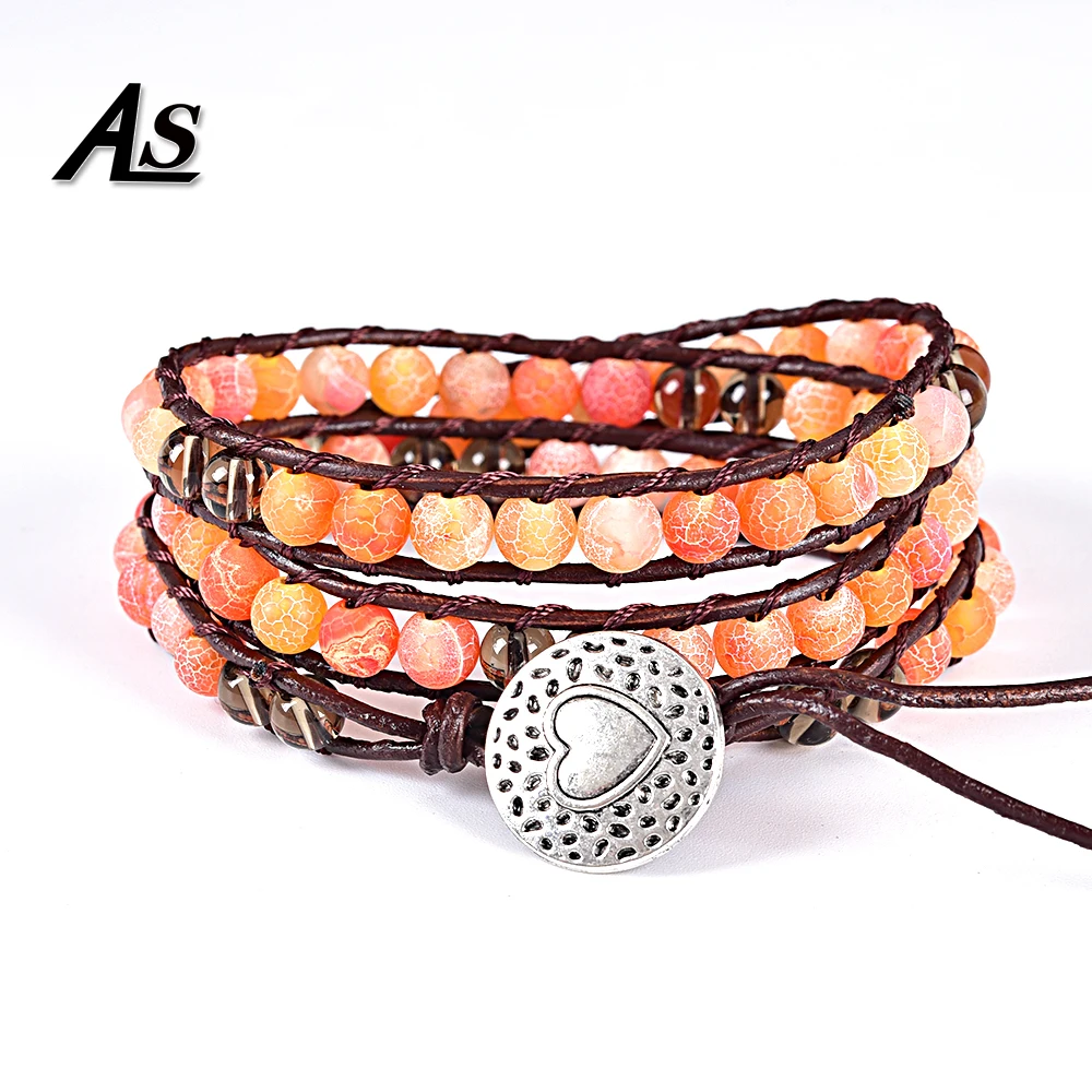 

Asingeloo Matte Yellow Frost Cracked Natural Stone Charm 3 Strands Wrap Bracelets Hangles Handmade Boho Women Leather Bracelet